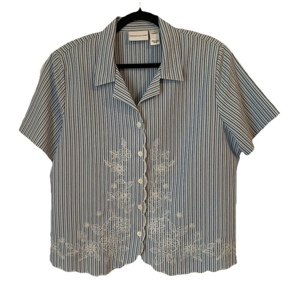 Alfred Dunner Shirt Womens 16 Blue White Striped Floral Embroidered Scallop Hem